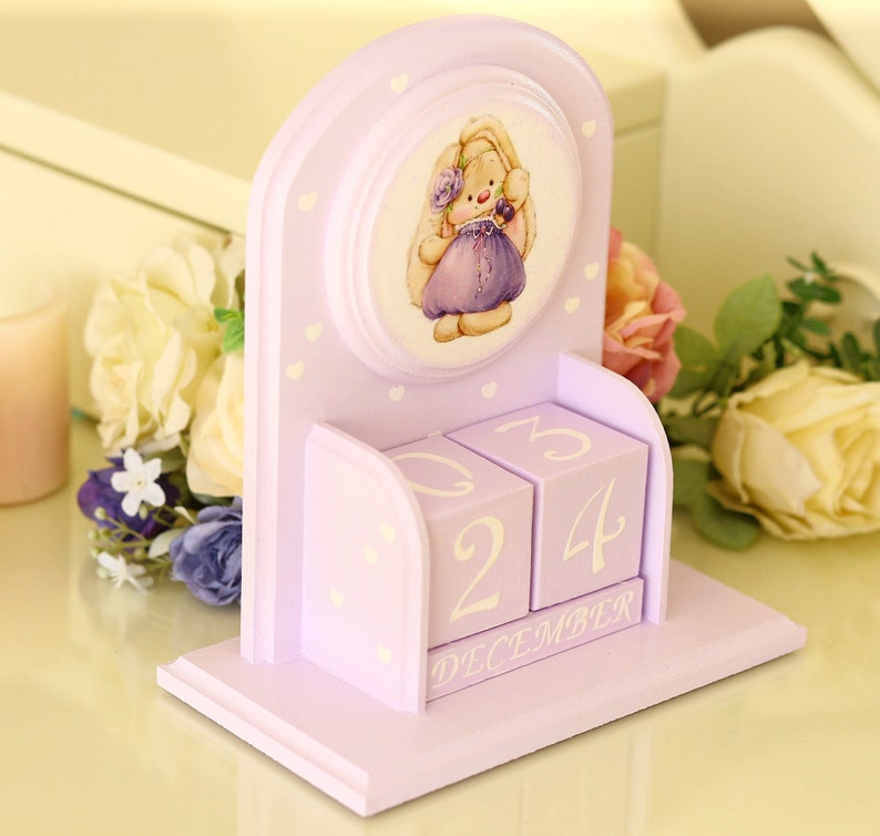 Perpetual Calendar With Rabbit Purple Nursery Decor Wood Desk Image 0