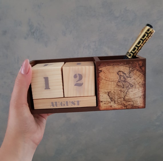 Office Desk Accessories Old World Map Perpetual Desk Calendar Etsy