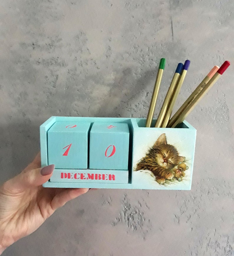 Wooden Perpetual Calendar Pen Storage for Desk Organizer Wood Etsy