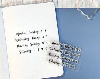 Weekdays and Number Hand Lettering Clear Stamps, Calendar layout stamp set for journal and planner