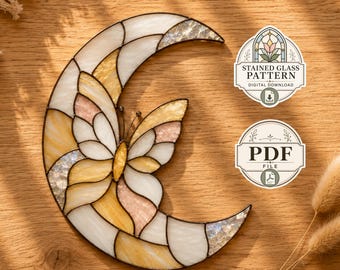 Patrón de vidriera para luna y mariposa (PDF), plantilla imprimible de atrapasueños de luna creciente, patrón de vidriera DIY de nivel intermedio