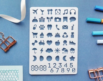 Daily Icons Stencil for Journal and Planner, 42 Life Icons + Digital Clock and Number