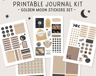 Printable Journal and Planner Set, Printable Moon Stickers Kit for Journaling and Art Journal