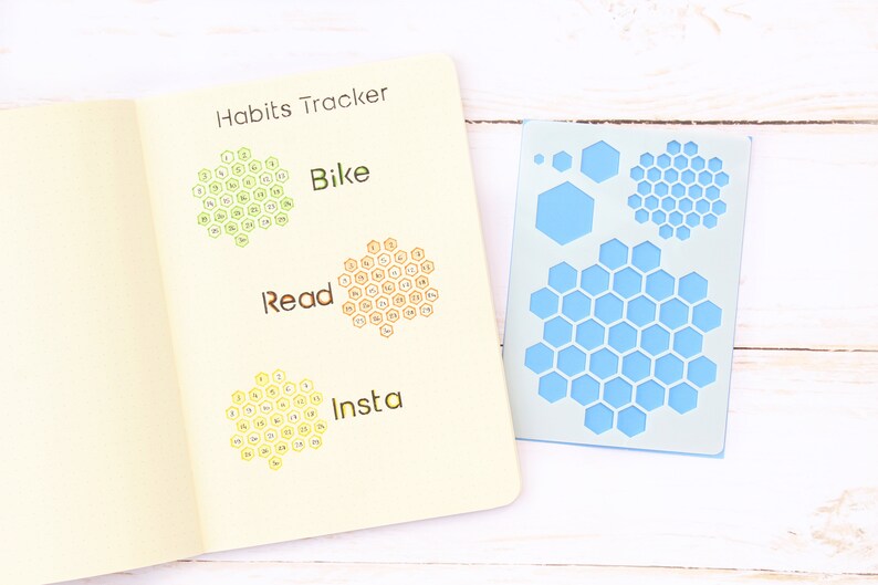Honeycomb Hexagon habits tracker stencil, Layout Bullet journal and planner stencil