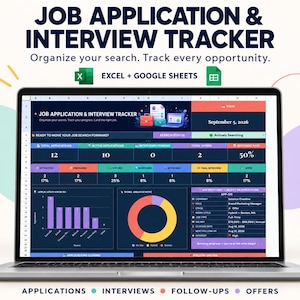 May include: A laptop screen displaying a Job Application & Interview Tracker spreadsheet for Excel and Google Sheets. The dashboard features colorful charts, status metrics, and data tables for tracking job search progress, applications, and interview stages.