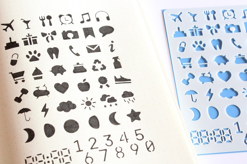 Schablone mit täglichen Symbolen für Tagebuch und Planer, 42 Lebenssymbole + Digitaluhr und Zahlen Bild 10
