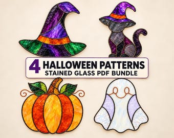 Conjunto de 4 padrões de vitrais de Halloween: Fantasma, Abóbora, Gato Bruxo e Chapéu de Bruxa, PDF para impressão