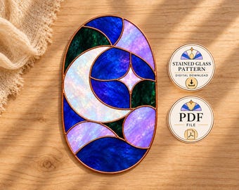 Molde de vitral para lua crescente (PDF), modelo imprimível de apanhador de sol em vidro, molde de vitral faça-você-mesmo de nível intermediário