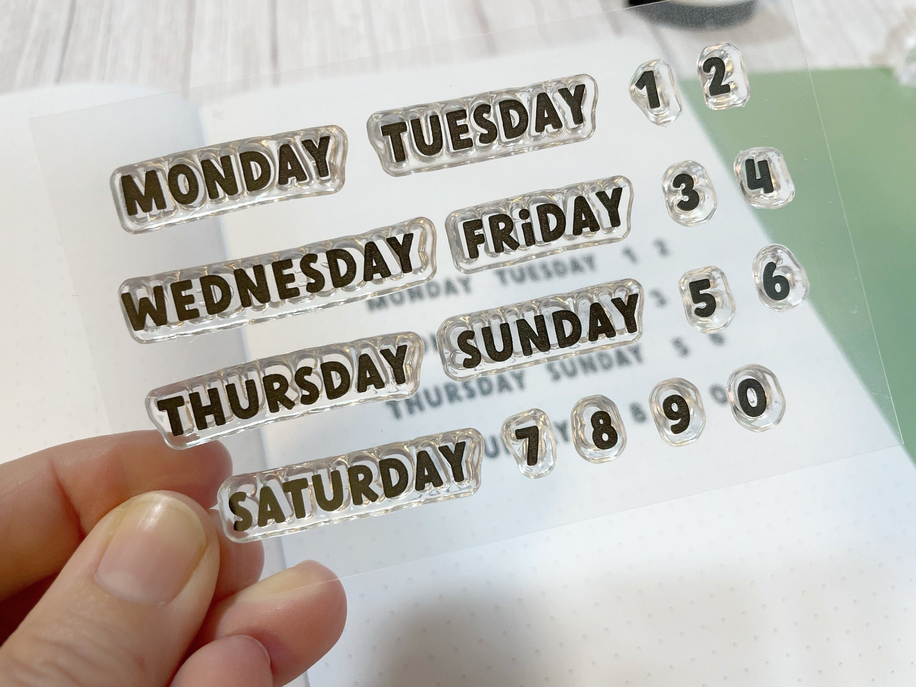 Weekday Bullet Journal Stamps, Clear Planner Stamps, Days of the Week,  Numbers - Printed Heron