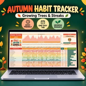 Puede incluir: Un portátil que muestra una hoja de cálculo digital "Autumn Habit Tracker 2027". La pantalla presenta gráficos de productividad, listas de hábitos y recompensas de árboles. El texto incluye "Autumn Habit Tracker" y "Growing Trees & Streaks".