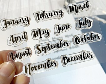 Months Hand Lettering Clear Stamps, Calendar Stamp Set for Journal and Planner