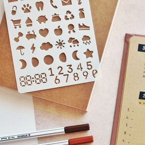 Schablone mit täglichen Symbolen für Tagebuch und Planer, 42 Lebenssymbole + Digitaluhr und Zahlen Bild 3