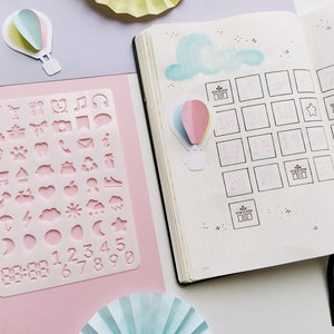 Schablone mit täglichen Symbolen für Tagebuch und Planer, 42 Lebenssymbole + Digitaluhr und Zahlen Bild 8