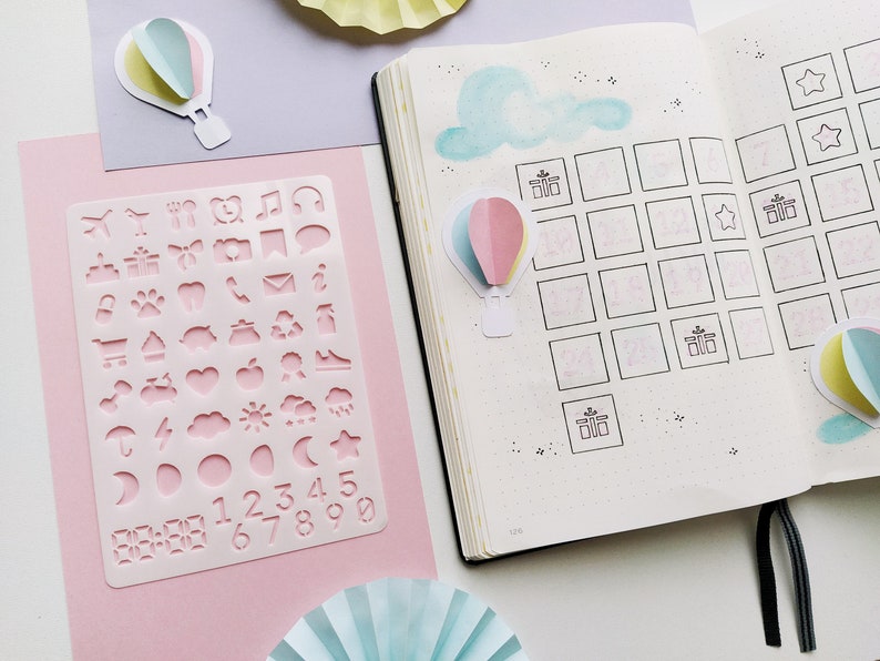 Schablone mit täglichen Symbolen für Tagebuch und Planer, 42 Lebenssymbole + Digitaluhr und Zahlen Bild 8