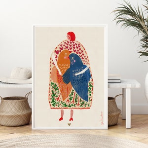 Frau mit Vögeln druckbare Wanddekoration, abstrakte Malerei Wanddekor, abstraktes Plakat, bunte Wandkunst, Art Deco Plakat, Wand Kunstdruck