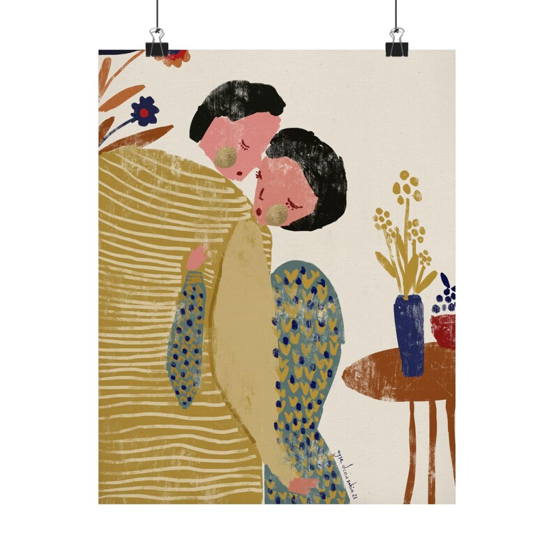 Couple Embracing Art Print, Romantic Summer Hug Poster image 9
