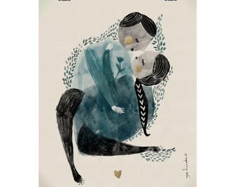 May include: An art print featuring an abstract illustration of two figures embracing. The figures are rendered in shades of blue, black, and gold, with a background of beige and green. A small gold heart is at the bottom. The print is held by two black binder clips.