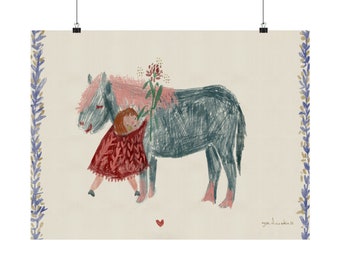 Girl and Horse Friendship Digital Wall Print, Boho Digital Nursery Decor, Printable Wall Art, Exhibition Poster, Digital Download Wall Art