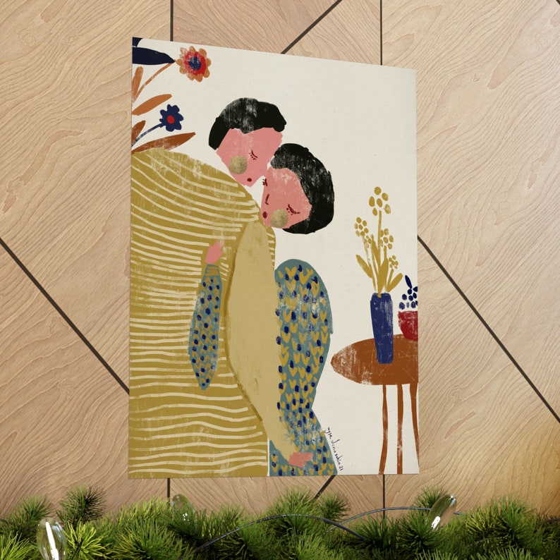 Couple Embracing Art Print, Romantic Summer Hug Poster image 5