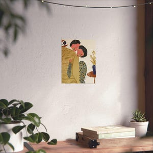 Couple Embracing Art Print, Romantic Summer Hug Poster image 6