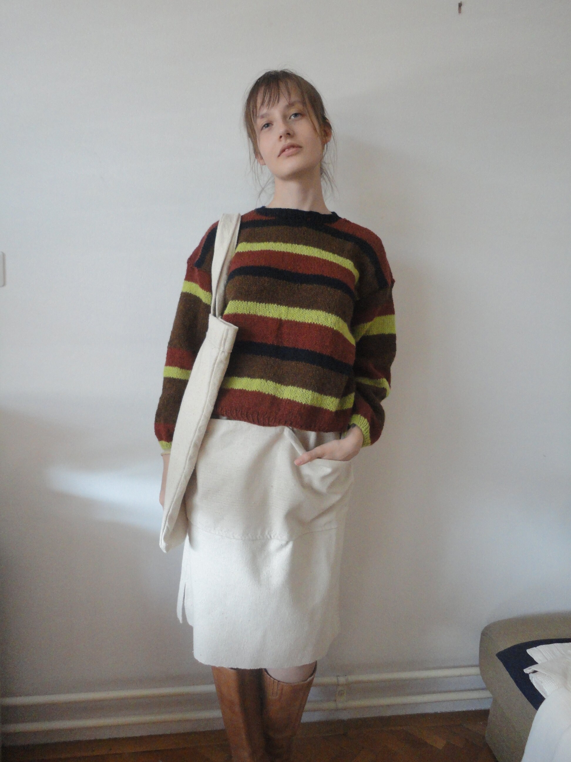 sweater and silk skirt