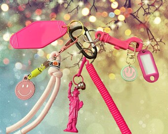 May include: A pink keychain with a variety of charms, including a smiley face, a Statue of Liberty, and a pink retractable key chain. The keychain is hanging from a silver carabiner.