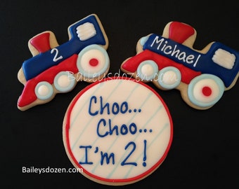 Choo Choo I'm Two personalized cookies with name, birthday train theme, 2nd birthday party cookie favors, cookies for 2 year old