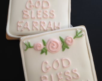 Communion Favors for girl in light pink | Personalized square cookies with rosette | Custom decorated cookies | Bautizo | FREE SHIPPING