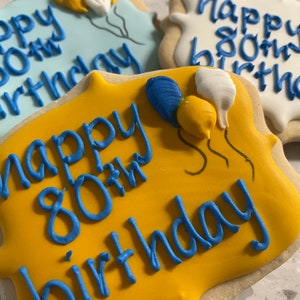 Happy 80th birthday custom decorated cookies gift wrapped, personalized and presented by Baileys Dozen Cookie Company