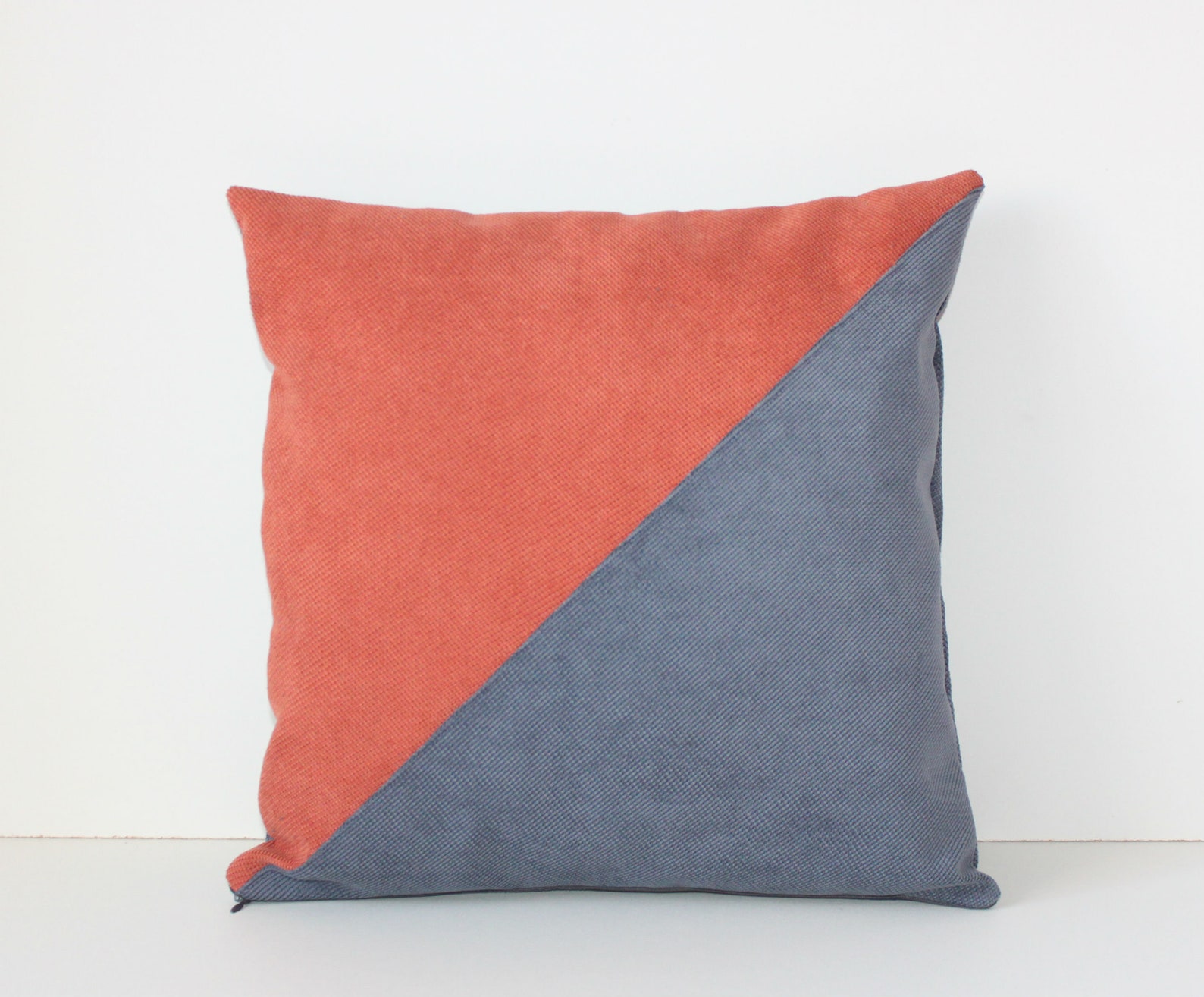 Colorblock blue and terracotta velour pillow cover 16x16 Etsy