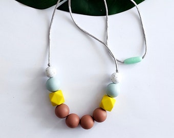 Geometric Silicone Nursing Necklace: Terracotta, Ice Blue, Lime