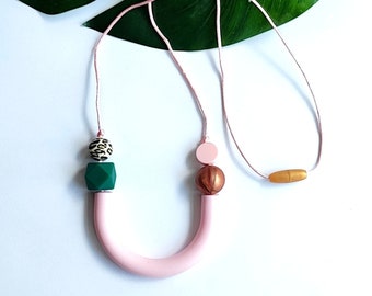Minimalist Silicone Necklace: Pink, Green & Copper U-Bar - Mum Gift