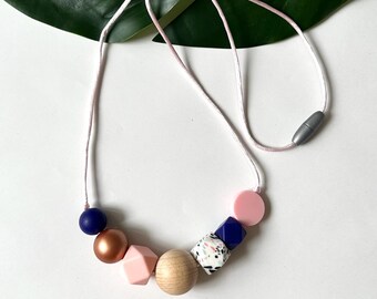 Geometric Mixed Bead Necklace: Copper, Rose Quartz, and Wood Nursing Chain