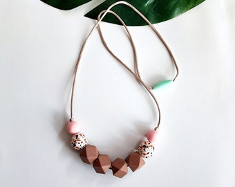 Geometric Silicone Bead Necklace: Coffee Brown Breastfeeding Jewelry