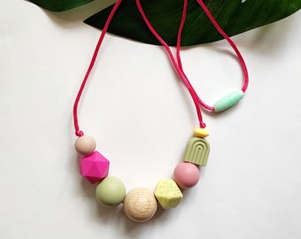 Collier géométrique à assortir avec arc-en-ciel nordique/ Chaîne d'allaitement en sauge, rose et citron vert concret/ Cadeau pour maman/ Chaîne pour Stillkette/Fidget