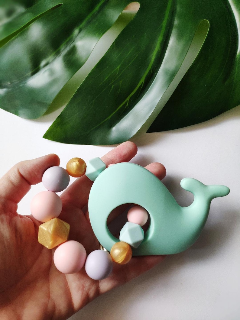 Pastels and gold Gripping bracelet Mint whale silicone rattleGripping ring silicone house Beissring Silicone ring baby giftSensory toy