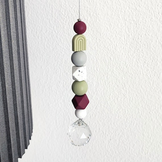 Crystal Prism Suncatcher: Sage & Wine Silicone Beads, Rainbow Maker
