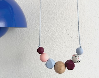 Minimalist Geometric Wood Silicone Necklace: blue and wine, Baby Friendly Nursing Chain
