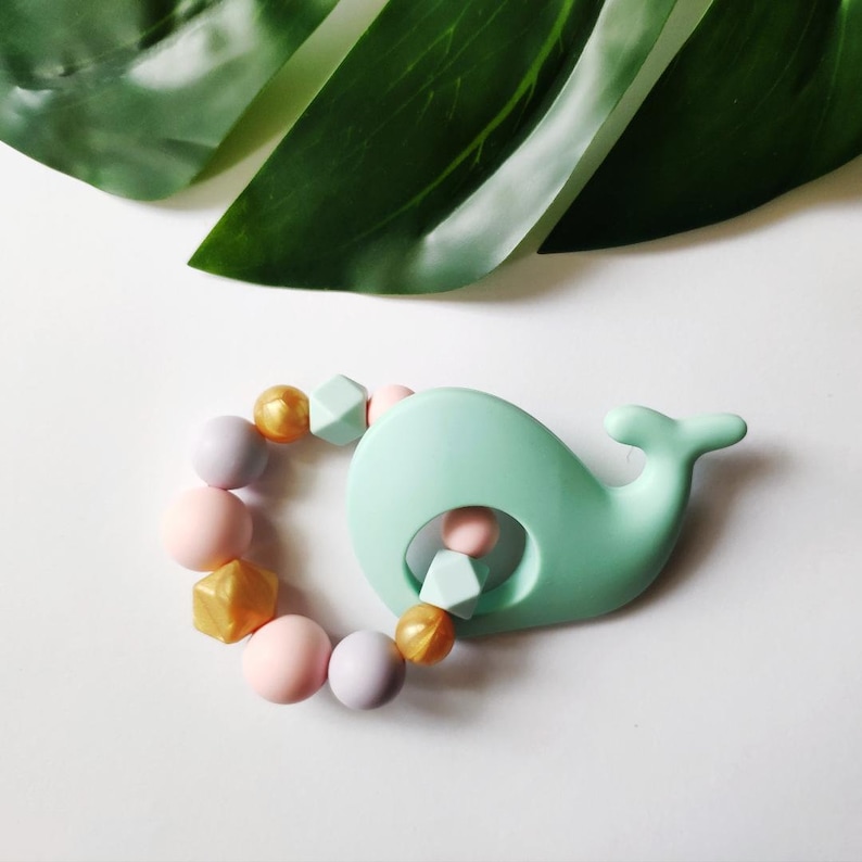 Pastels and gold Gripping bracelet Mint whale silicone rattleGripping ring silicone house Beissring Silicone ring baby giftSensory toy