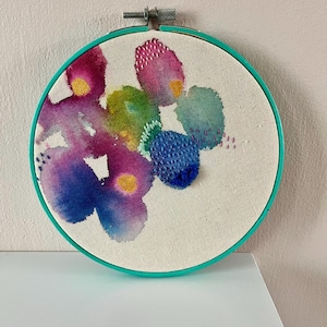 Embroidery Hoop Art, Watercolour & Hand Embroidery, Abstract Textile Wall Decor, 6&quot;, Unique Gift for Art Lovers