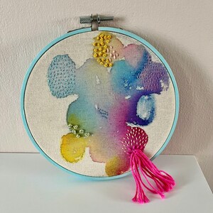 Watercolour & Hand Embroidery Hoop Art, Abstract Textile Wall Decor, Colourful Art, 6&quot;, Unique Gift for Art Lovers