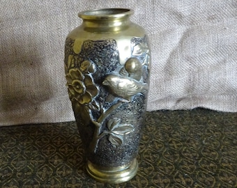 Antique embossed Japanese brass vase meiji period