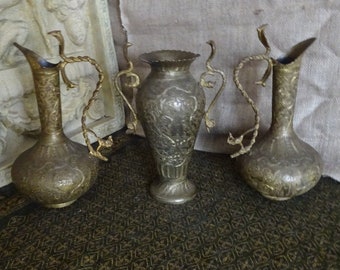 Vintage garniture of brass snake vases
