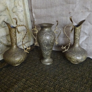 Vintage garniture of brass snake vases