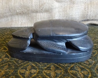 Vintage hand carved Egyptian polished black stone scarab beetle