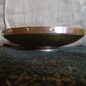 Arts and Crafts copper and brass hand hammered bowl stamped Peerage
