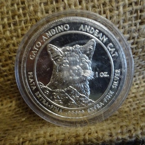 Moeda de prata de gato andino 1 onça troy, prata pura do mundo, redonda .99999 da Royal Silver Company