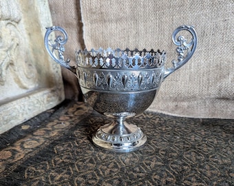 Antique German EPNS Silver Plated Sugar Bowl Victorian Style Pierced Lattice Bon Bon Dish Handled Pedestal Bowl