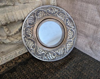 Vintage brass decorative circular floral embossed mirror