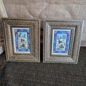 A pair of vintage Persian hand painted picture of hunting scene paintings with Khatam Mosaic frames